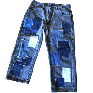 Upcycled Patchwork Long Jean Shorts, Denim Patched Hippie Pants Waist Size 35
